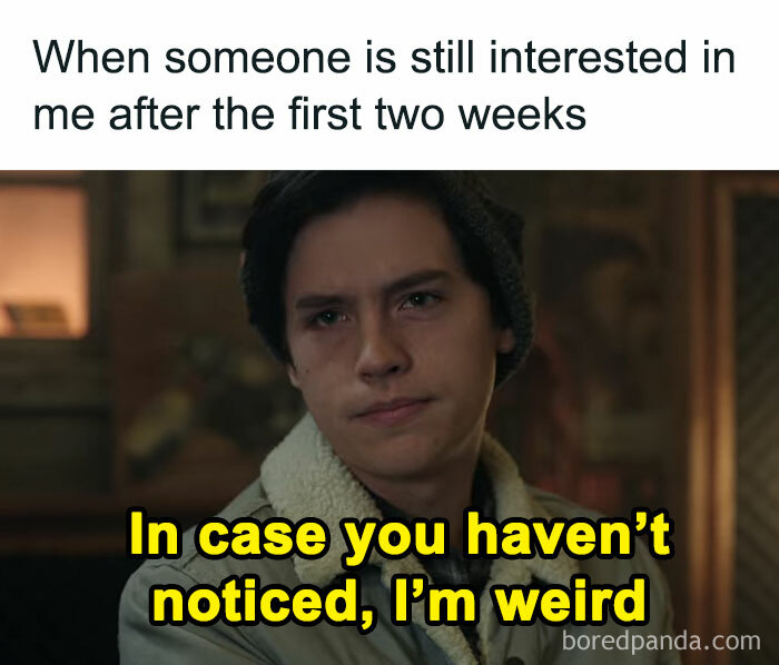 A person with a skeptical expression, captioned with text about feeling weird, conveying relatable social interaction humor.