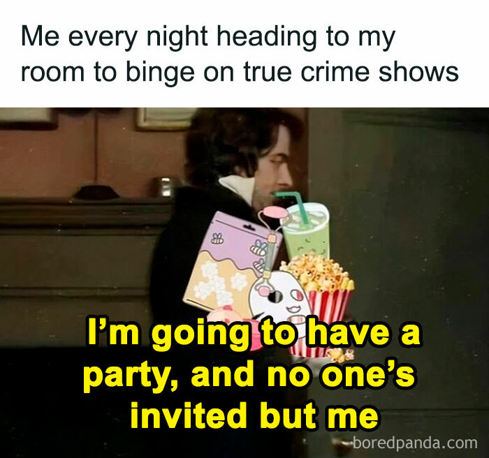 Person carrying snacks with text overlay about having a solo party, relatable post for those tired of social interactions.