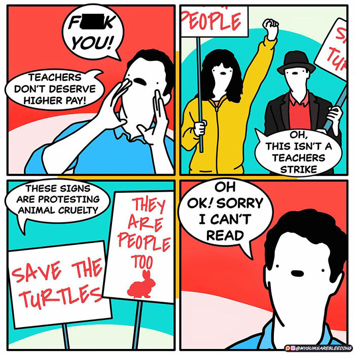 Bold comic by Miles Erickson showing a protestor misreading signs at an animal cruelty demonstration.