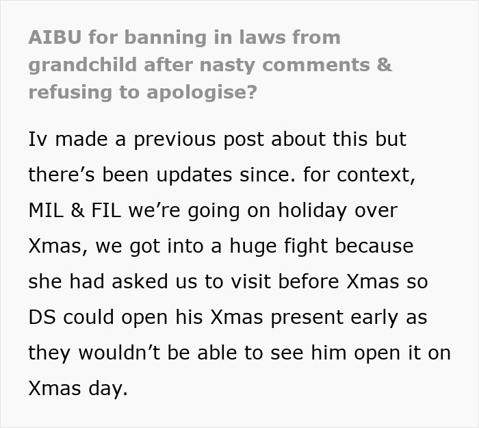 Text about banning in-laws from grandchild due to rude comments and lack of apology, discussing holiday conflict.