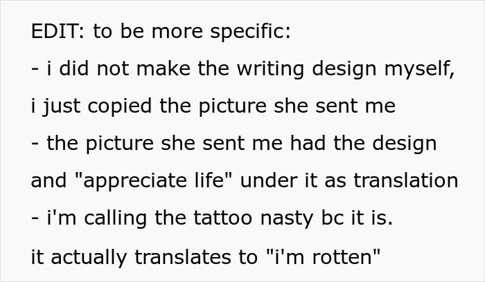Text discussing a woman's first tattoo, where the design was mistaken for "appreciate life," but actually translates to "I'm rotten.