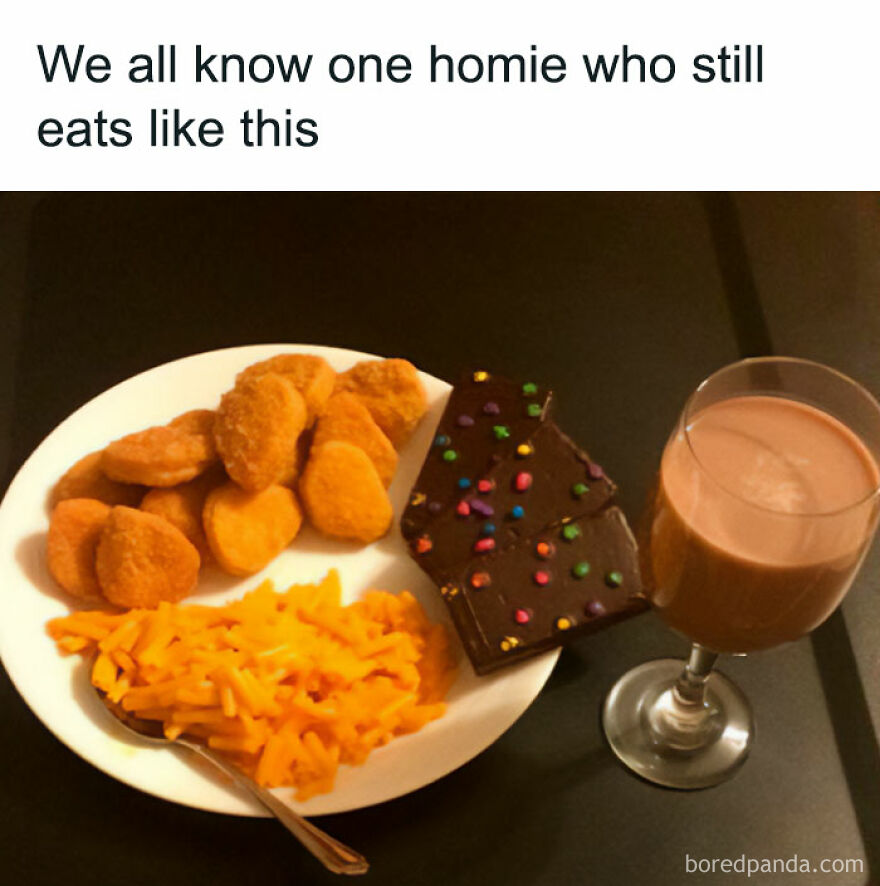 Plate of nuggets, mac and cheese, brownies, and chocolate milk; a funny meme about eating habits.