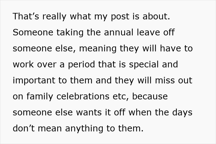 Text highlighting coworker conflict over Christmas break and common decency.