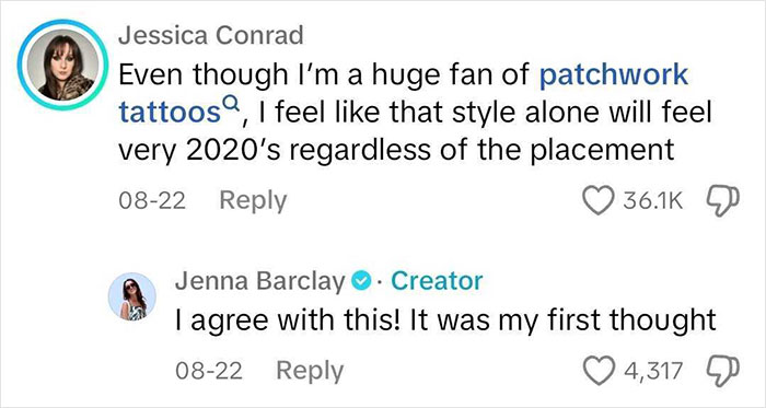 Comments discussing tattoo trends of young people, debating the style and its relevance in 2024.