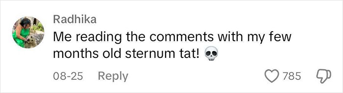 Comment discussing sternum tattoo trend with a skull emoji.
