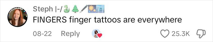 Comment on tattoo trends, mentioning finger tattoos in 2024.