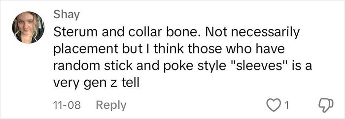 Comment discussing tattoo trends among young people, mentioning sternum and collarbone placements.