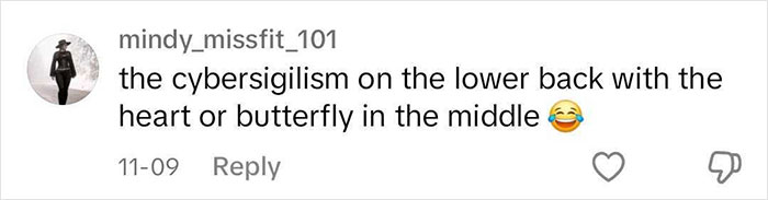 Comment on tattoo trends, mentioning lower back designs like hearts or butterflies, with laughing emoji.