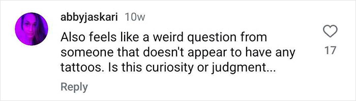 Instagram comment discussing tattoo trends and curiosity, highlighting opinions on young people's tattoos.