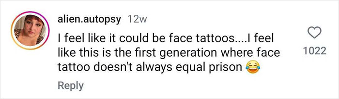 Social media comment discussing tattoo trends and perceptions among young people, mentioning face tattoos.