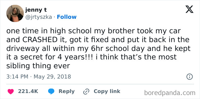 Screenshot of a hilarious tweet about a sibling secretly crashing and fixing a car in high school.