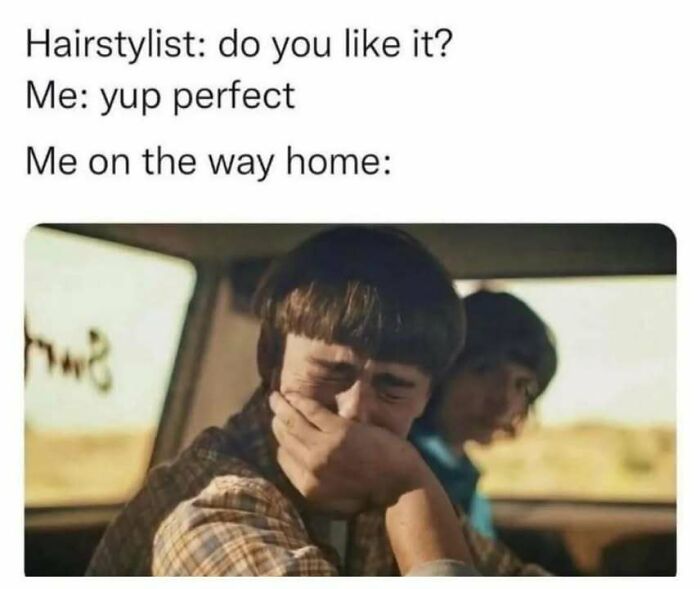 Person regretting haircut decision in relatable meme for those done interacting with others.