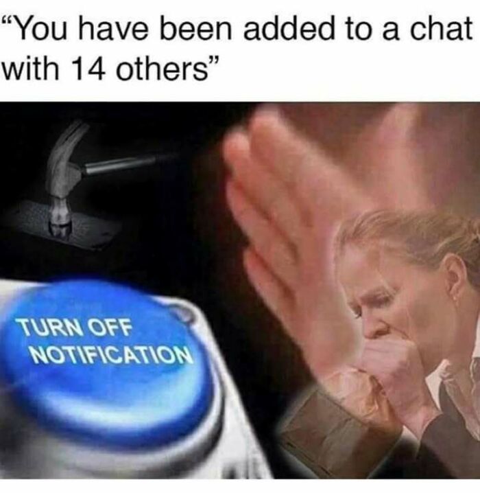 Relatable meme showing frustration with group chats, featuring a "Turn Off Notification" button and a woman facepalming.