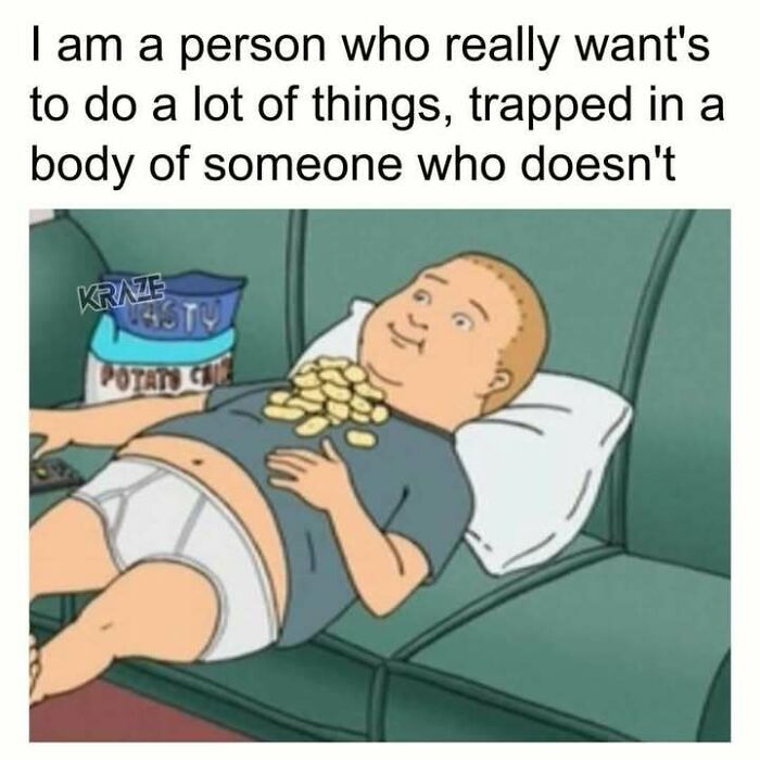 Cartoon person lying on a couch with potato chips on their belly, feeling relatable and uninterested in interacting.