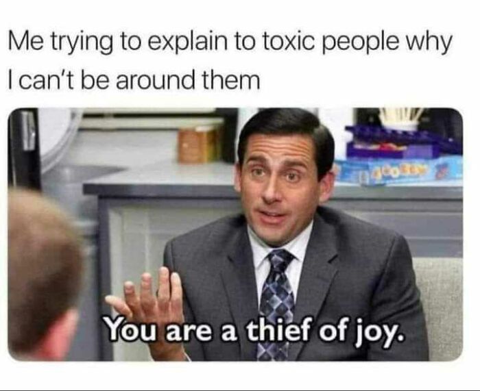 Man in suit gesturing with text overlay: "You are a thief of joy," expressing sentiments about interacting with others.