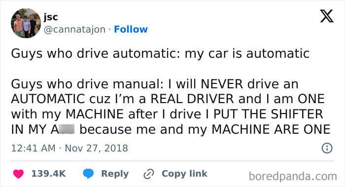 Tweet about the hilarious differences between automatic and manual drivers.