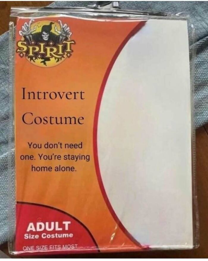 Introvert costume package labeled for staying home alone, humorously reflecting people done interacting with others.