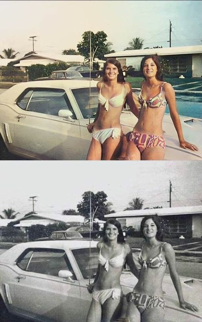 Two Bikini Bathing Suit Girls Leaning On A Ford Mustang In The 1970s