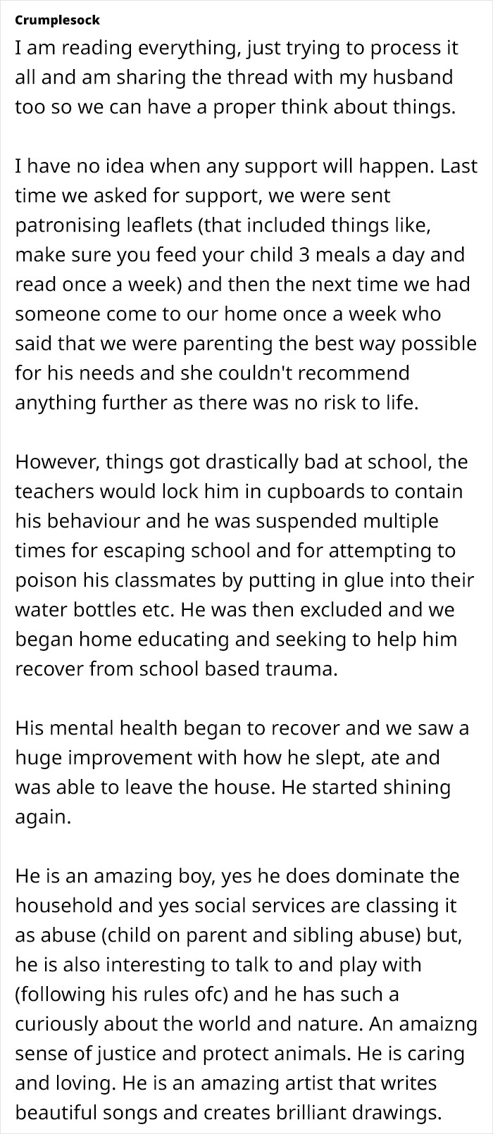 Text discussing challenges of managing an autistic son's aggression and the impact on siblings and family. Text discussing challenges of managing an autistic son's aggression and the impact on siblings and family.