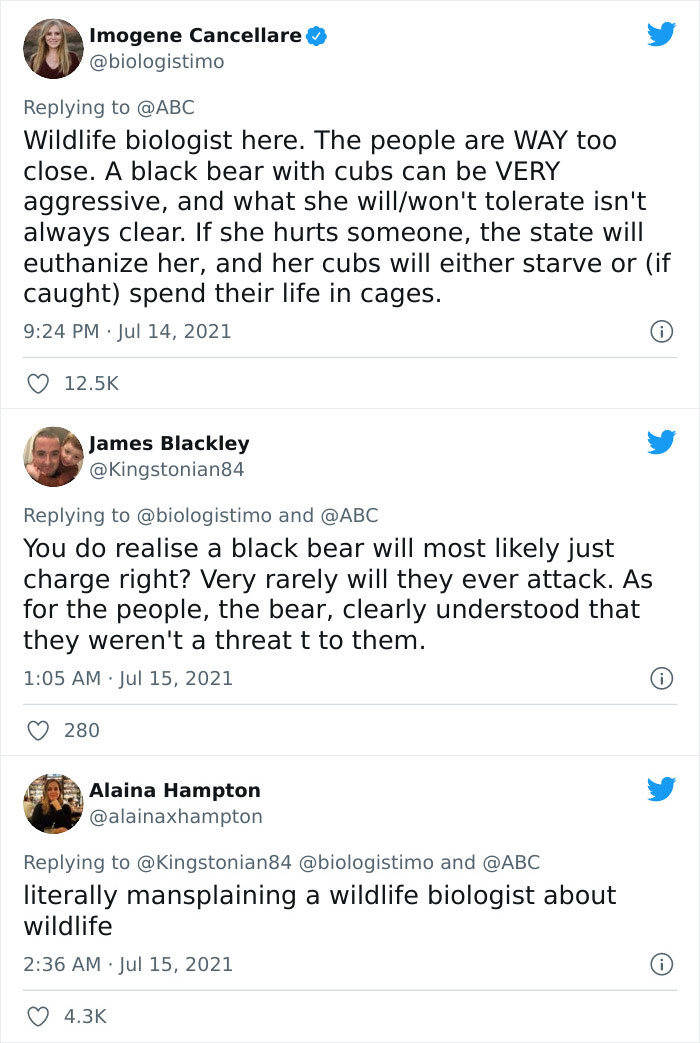 Hilariously cringe social media exchange about bears between wildlife biologist and other users.