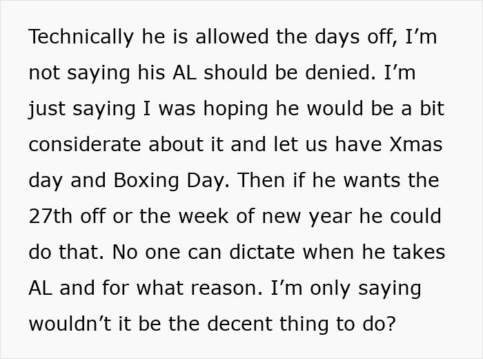 Text excerpt discusses fairness in taking Christmas break off from work.