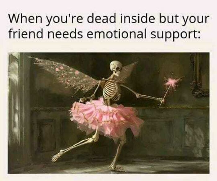 Skeleton in a pink tutu with fairy wings holding a wand; relatable post for those done interacting with others.