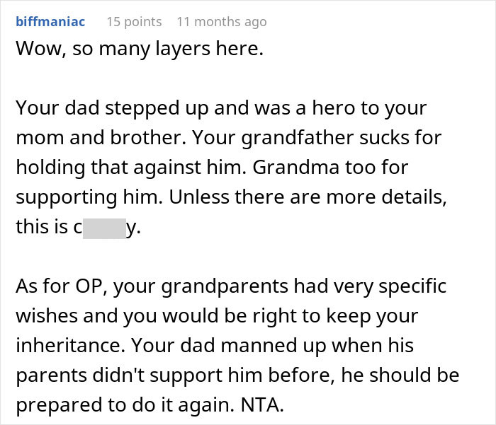 Screenshot of a comment discussing a father's heroism and grandparents' specific inheritance wishes. Screenshot of a comment discussing a father's heroism and grandparents' specific inheritance wishes.