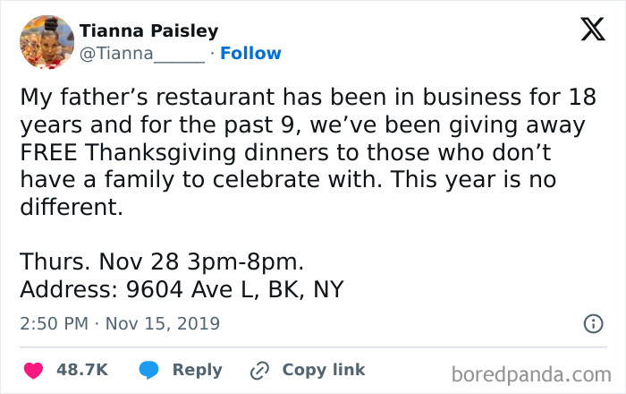 Tweet from Tianna Paisley about offering free Thanksgiving dinners to those without family, with details of date and location.