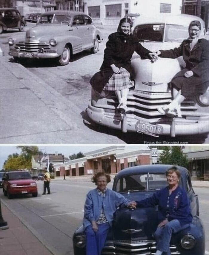 Sitting On Their 1947 Chevrolet At Dinner, And 63 Years Later