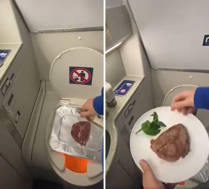 Annoying plane passengers preparing steak on a plane's toilet, showing uncooked and cooked steak on a plate.