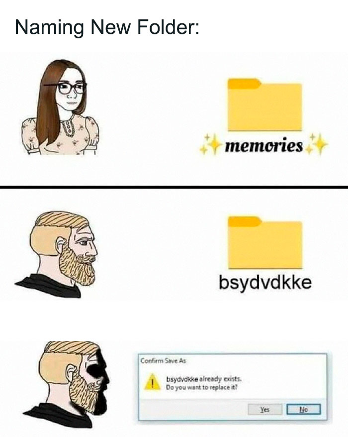IT meme showing differences in folder naming: one named "memories" and another with random letters prompting a replace alert.