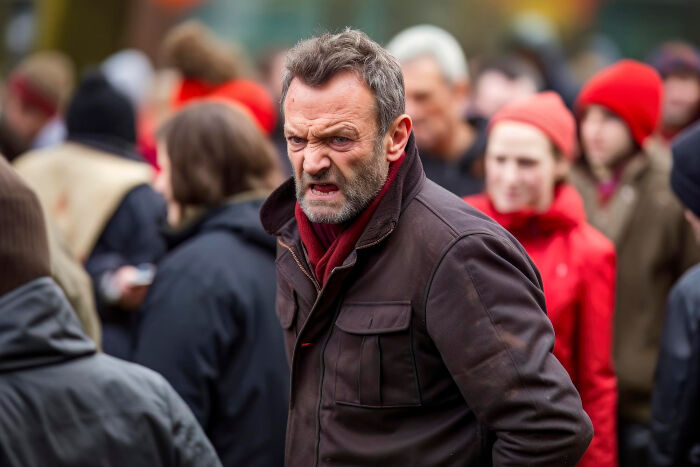 Man in a crowd showing emotions, capturing reverse culture shock experienced by Americans who lived abroad.