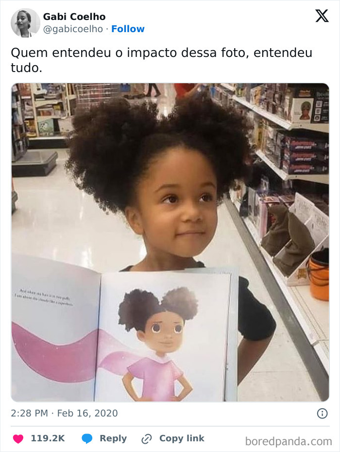 Child holding a book, matching the illustration, creating an uncanny doppelganger moment in a store aisle.