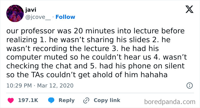 A random hilarious tweet about a professor's virtual lecture mishaps, including muted audio and no shared slides.