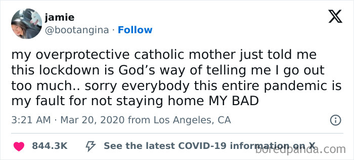Tweet about an overprotective mother linking lockdown to divine intervention, causing the child to feel blamed for the pandemic.