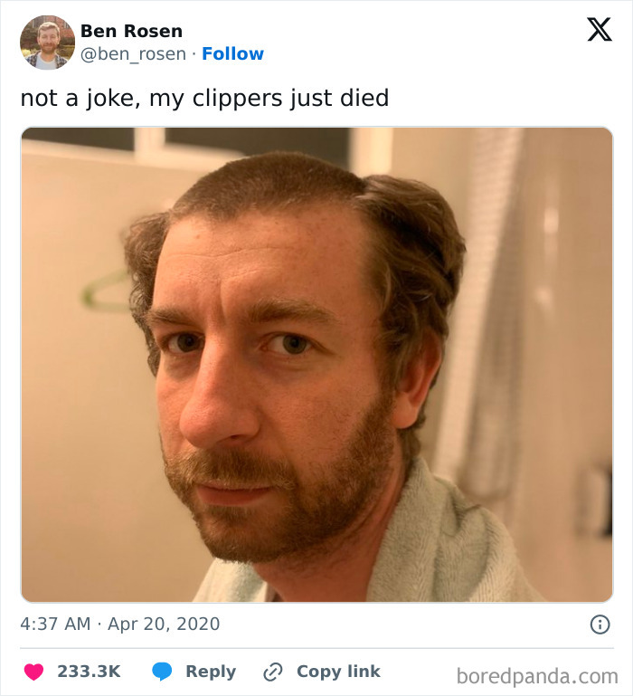 Man with uneven haircut, towel around shoulders, showing hair-cutting-dyeing-fails after clippers died.