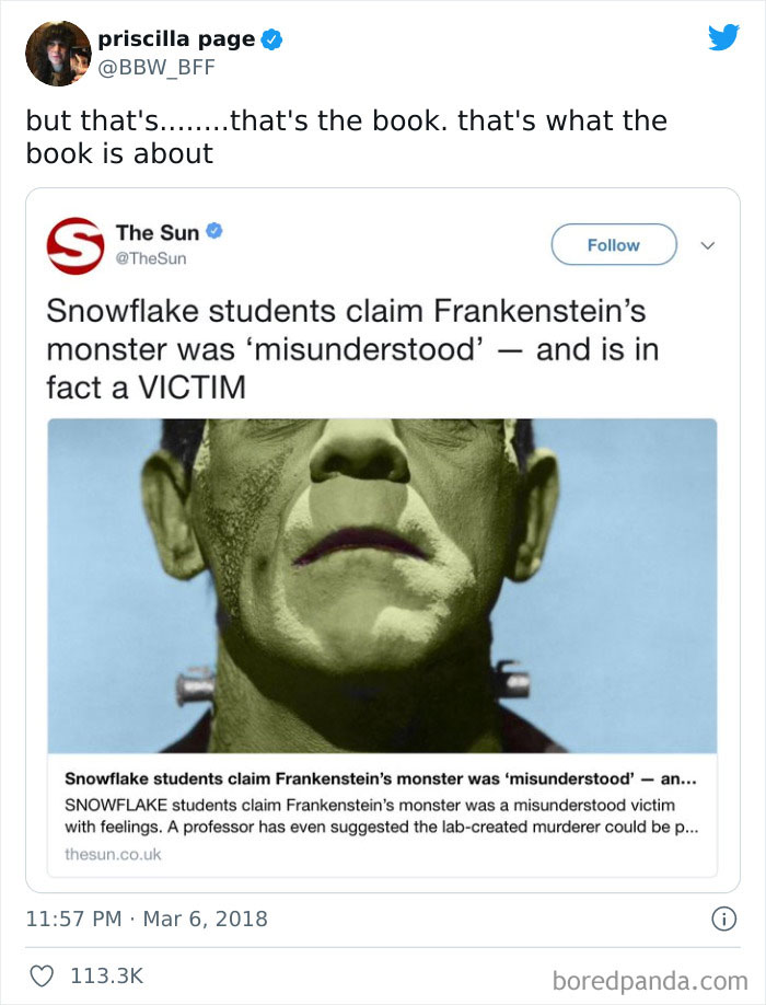 Tweet mocking article about Frankenstein's misunderstood monster, highlighting a hilariously cringe post.