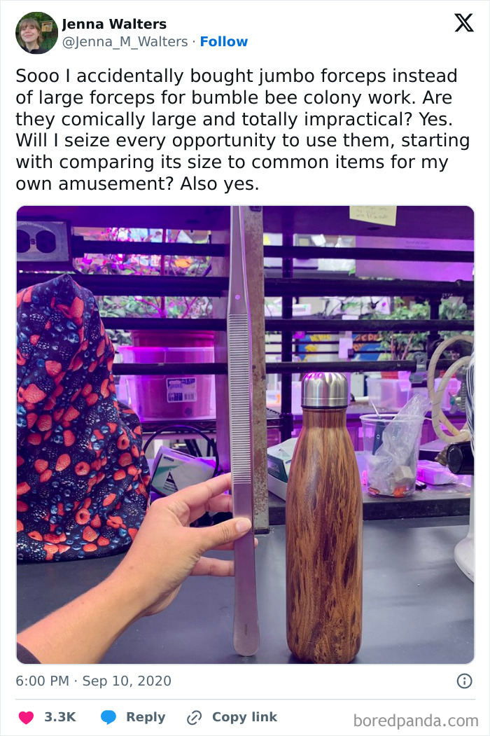 Jumbo forceps held next to a wooden water bottle, symbolizing regretful spending.