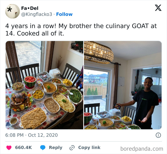 Teen chef proudly presents a table full of homemade Thanksgiving dishes, showcasing a wholesome family feast.