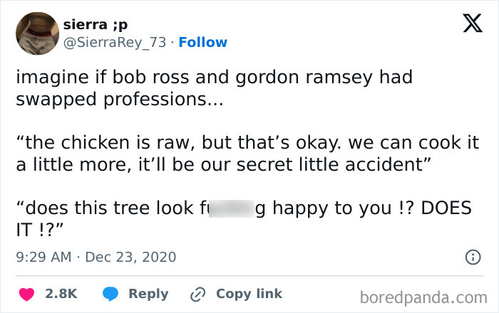 Funny meme imagining a profession swap between Bob Ross and Gordon Ramsay, creating humorous scenarios.
