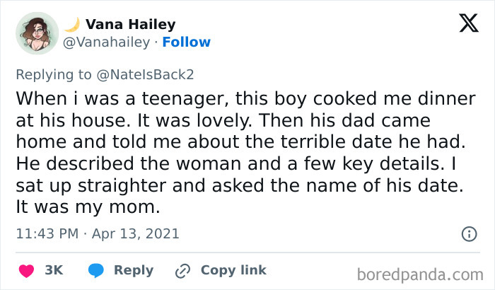 Tweet by Vana Hailey: A hilarious story about a dinner date, ending in a surprising twist involving her mom.