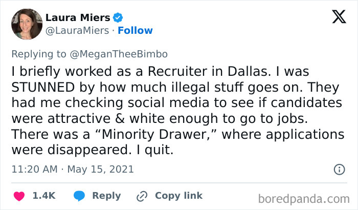 Tweet about recruiting hell experience, discussing illegal hiring practices and discrimination in a Dallas job recruiting firm.