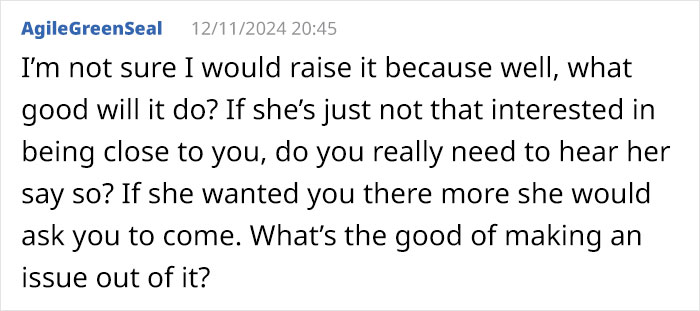 Text response discussing why daughter-in-law is secretive, addressing relationship concerns. Text response discussing why daughter-in-law is secretive, addressing relationship concerns.