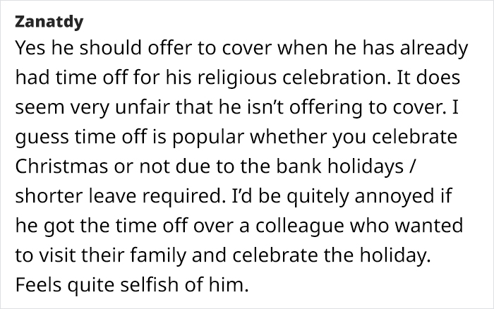 Text conversation about a Muslim employee taking time off during Christmas, raising fairness issues.