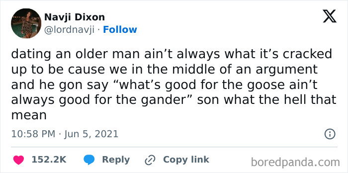 Tweet by Navji Dixon hilariously sharing an argument with an older man using the phrase "what's good for the goose." 