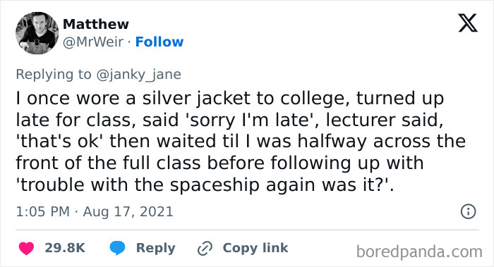 Tweet humorously highlights Ireland's charm with a funny college story about a silver jacket and a lecturer's witty remark.