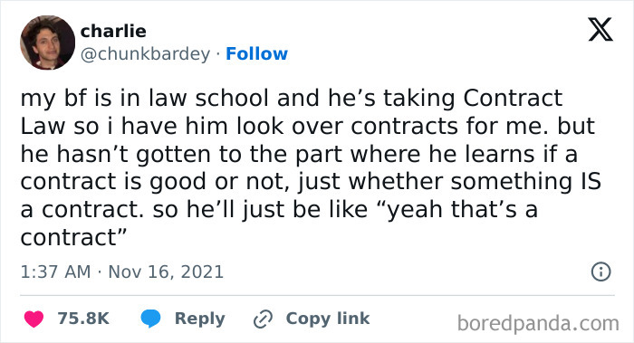 Tweet about law student humor by charlie, shows contract law frustrations, with 75.8K likes. Random tweets, hilarious insights.