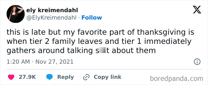Tweet by Ely Kreimendahl sharing a hilarious Thanksgiving joke about family dynamics with 27.9K likes.