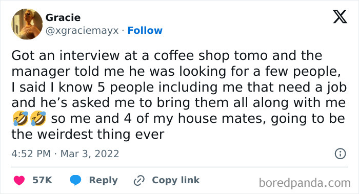 Funny post capturing Ireland's charm: a tweet about a group coffee shop job interview plan.
