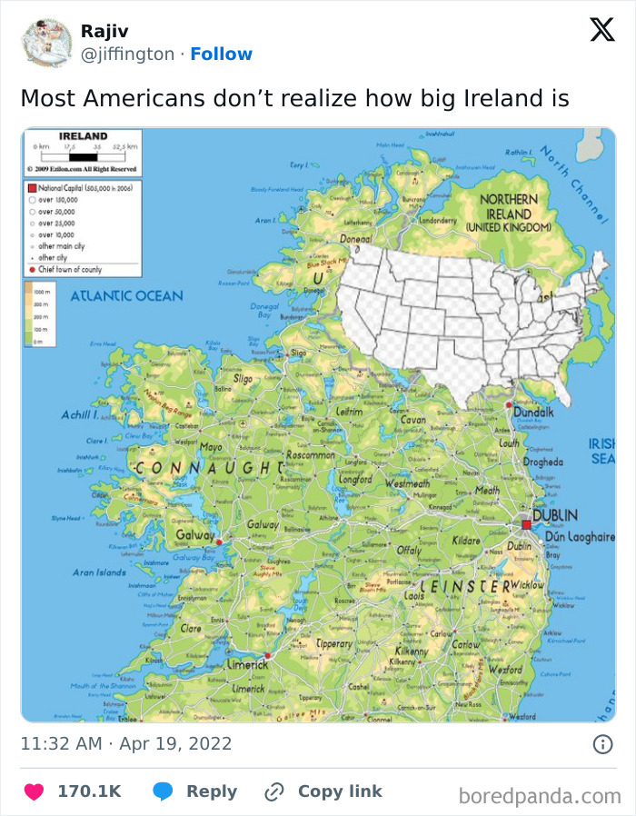 Map comparing Ireland's size to the USA, highlighting Ireland's charm and scale.